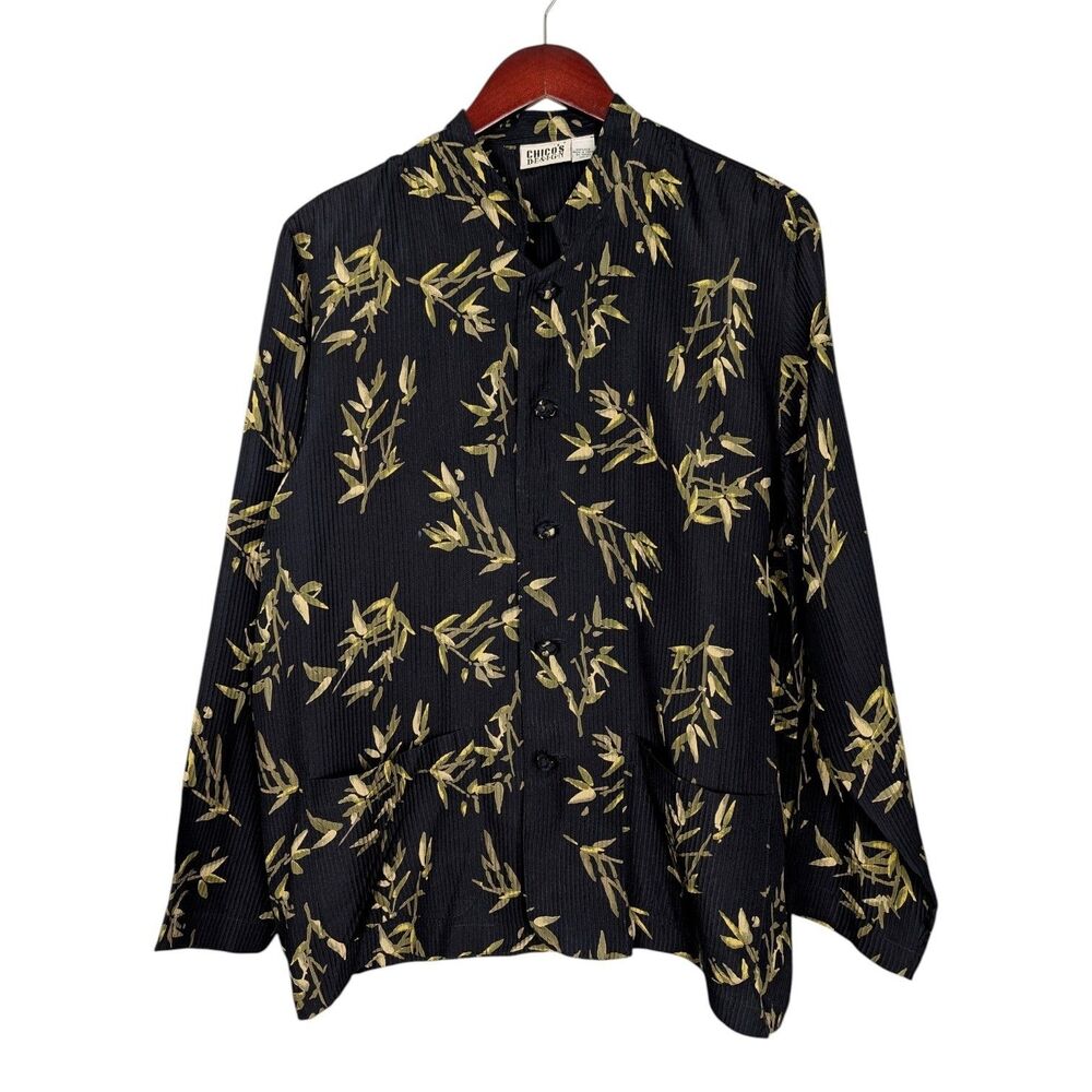 Chico's Silk Floral Asian Inspired Frog Knot Blouse